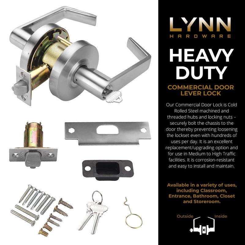LYNN HARDWARE Classroom Commercial Door Lock - Heavy-Duty Designer Handles for Doors - Durable Grade 2 Indoor Locks for Doors - Cylindrical Lever Door Handle Lock - Satin Chrome - Image 2
